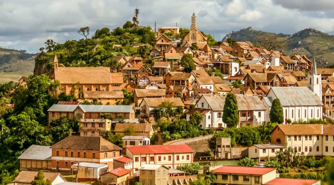 Fianarantsoa on a cloudy day An aerial shot of Fianarantsoa in Madagascar on a cloudy day, showing the beautiful architecture among the trees